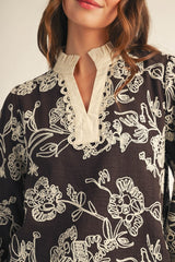 Brown Ruffled Neck Floral Embroidered Top
