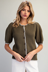Olive Whipstitch Detail Button Front Short Sleeve Sweater