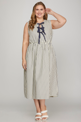 Curvy Navy Sleeveless Striped Bow Front Midi Dress
