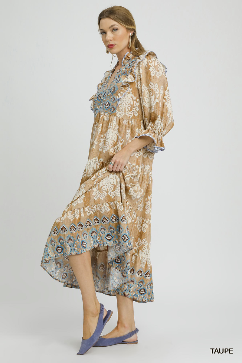 Taupe Damask Tiered Midi Dress With Ruffles