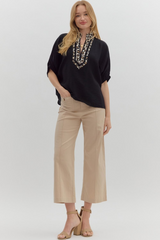 Curvy Black Puff Sleeve Shirt With Leopard Collar