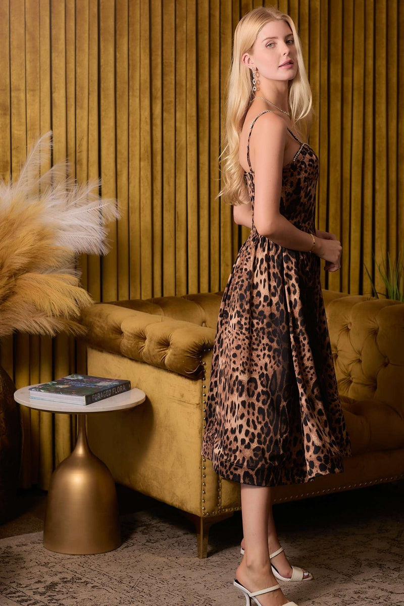 Leopard Midi Dress With Rhinestone Bow Detailing