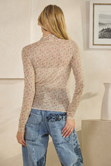 Cream Floral Ruffle Hem Flower Mesh Top