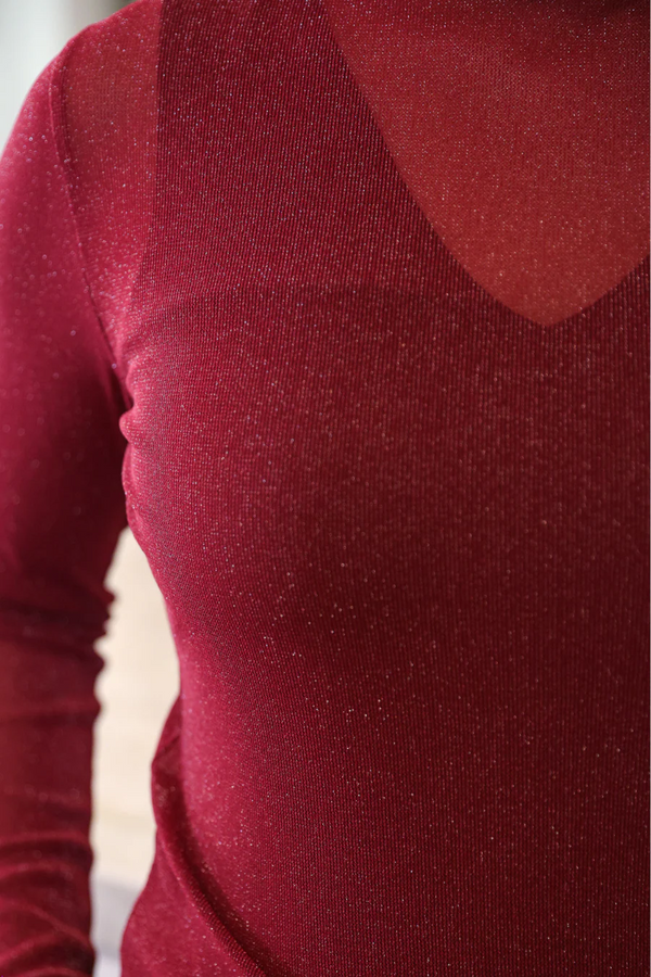 Maroon Glitter Mesh Top