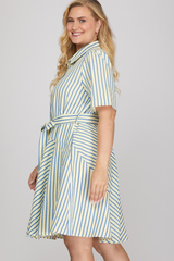 Curvy Short Sleeve Blue Striped Dress