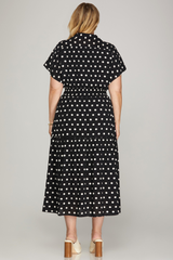 Curvy Black Polka Dot Collared Smocked Waist Midi Dress