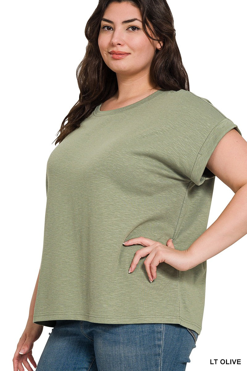 Curvy Relaxed Fit Round Neck Rolled Sleeve Top