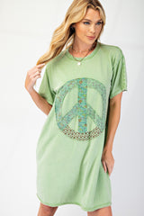 Apple Green Mineral Wash Peace Sign Patchwork Dress