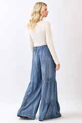Chambray Tiered Flare Pants With Button Details