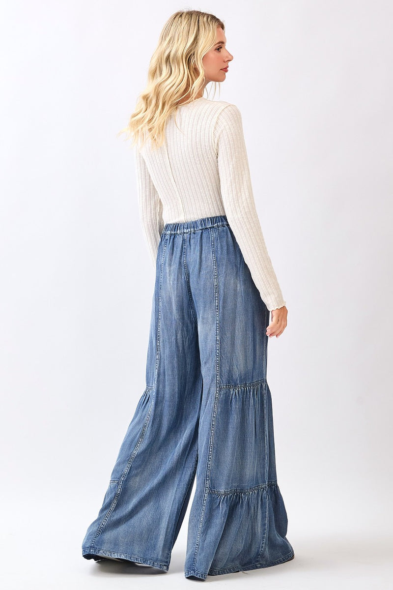 Chambray Tiered Flare Pants With Button Details