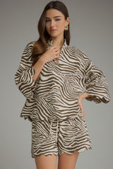 Zebra Print Scallop Edge Stand Up Collar Top
