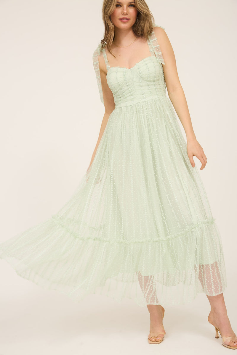 Polka Dot Chiffon Tie Strap Ruched Maxi Dress