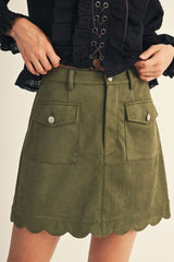 Olive Scallop Hem Faux Suede Skirt