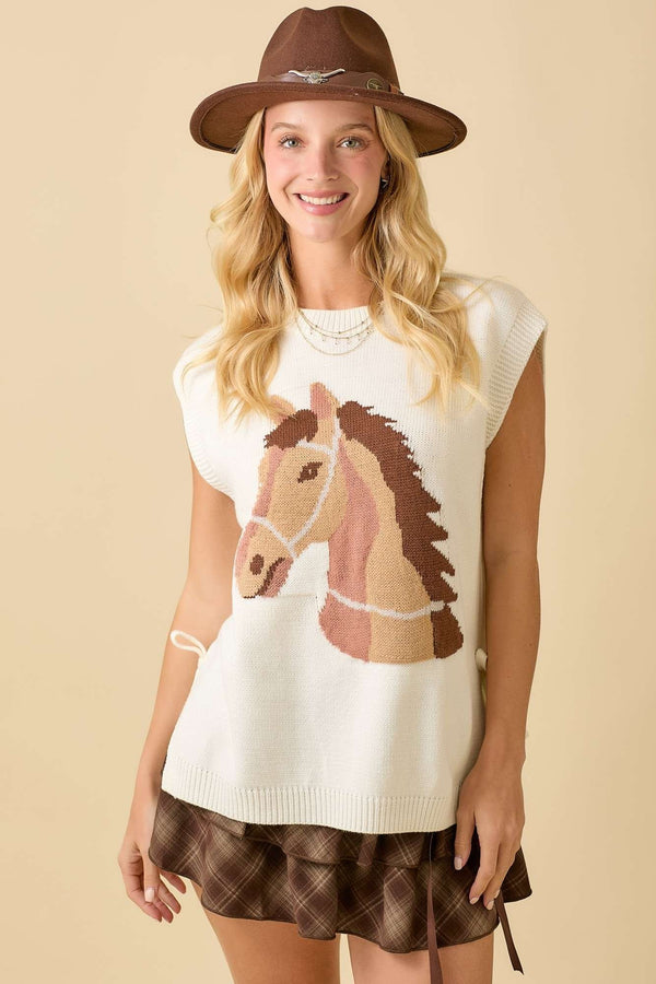 Western Horse Oversized Sleeveless Sweater Knit Top