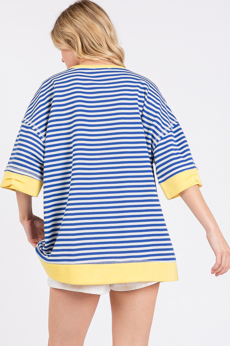 Royal Blue Striped Top with Yellow Trim