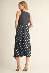 Polka Dot Front Pleat Detail Fabric Mix Dress