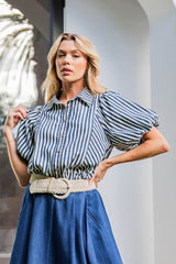Navy and White Striped Puff Sleeve Button Down Top
