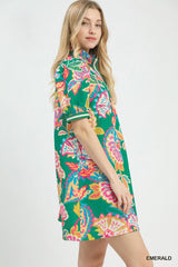 Emerald Paisley Print Banded Sleeve Dress