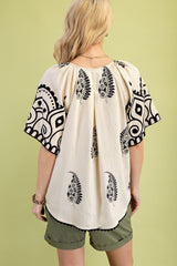 Cream V-Neck Top with Decorative Trim