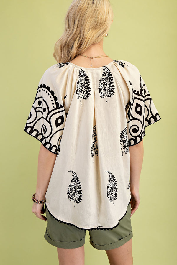 Cream V-Neck Top with Decorative Trim
