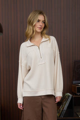 Cream Half Zip Long Sleeve Waffle Knit Top
