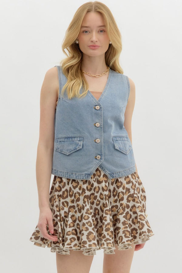 Denim Button Up Vest with Pockets