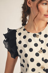 Mesh Cap Sleeve Button Down Polka Dot Top
