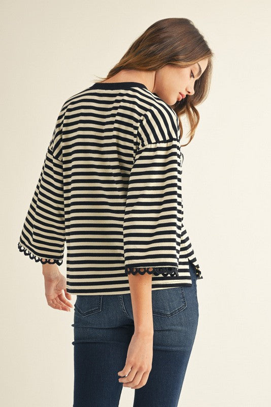 Black Striped Top With Lace Trim