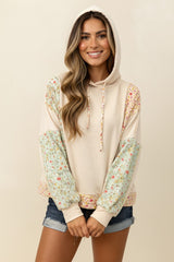 Curvy Oatmeal Floral Bubble Sleeve Hooded Top