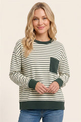 Olive and Ivory Striped Pocket Contrast Top