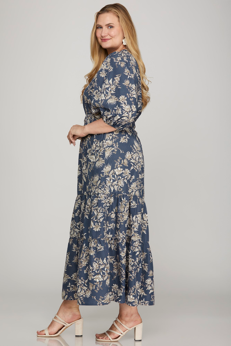Curvy Dusty Blue Floral V-Neck Dress