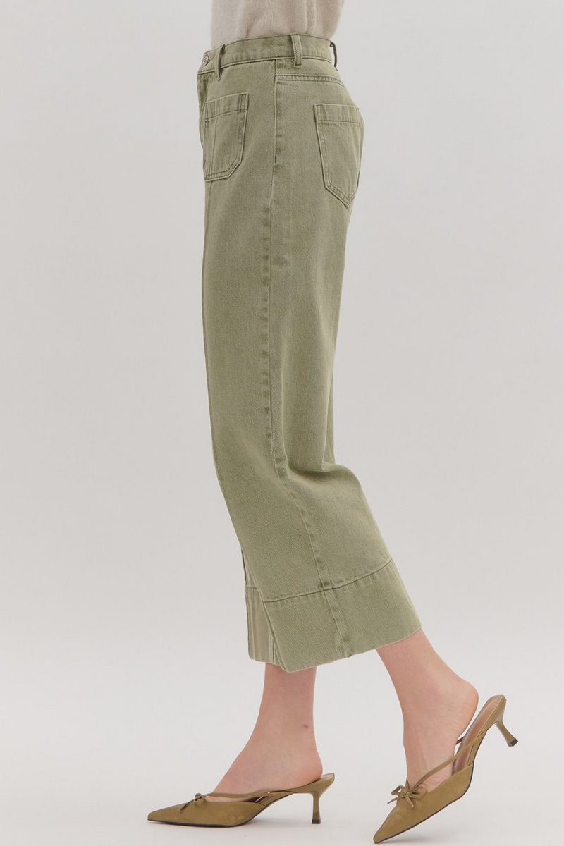 Olive Snow Wash Wide Leg Front Seam Pant