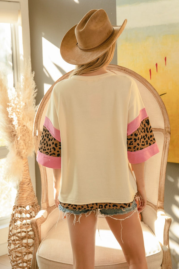 Cream Leopard & Pink Knit Colorblock Patched Top