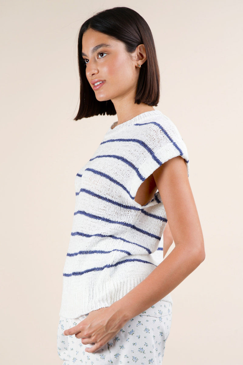 White Short Sleeve Sweater with Blue Stripes