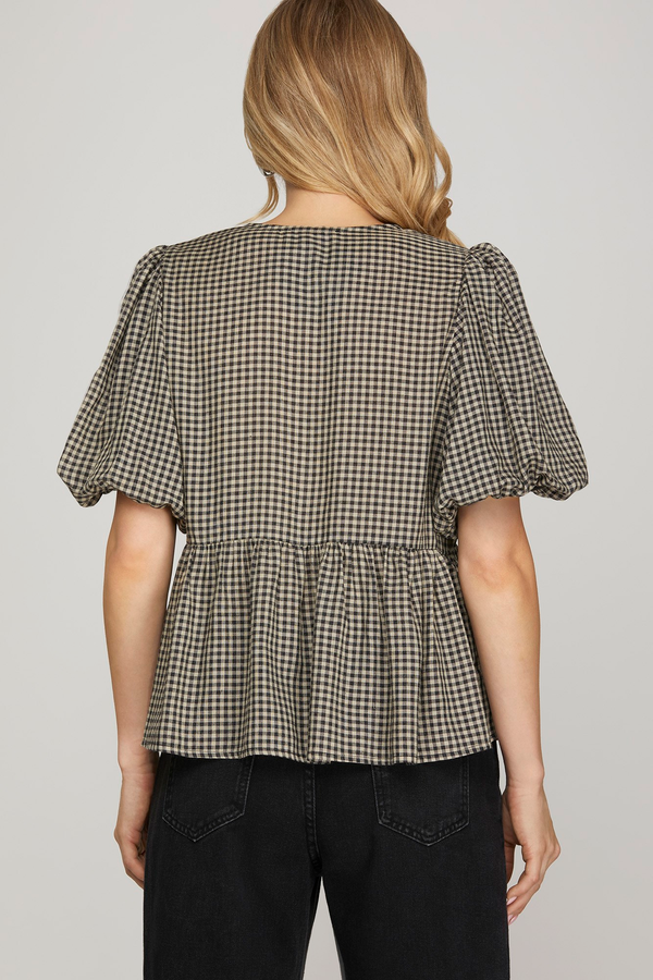 Black Puff Sleeve Front Bow Baby Doll Top