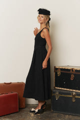 Black Floral Jacquard Textured A-Line Midi Dress