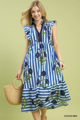 Blue Floral Striped Midi Dress