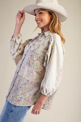 Cream Print Mix Washed Button Down Shirt