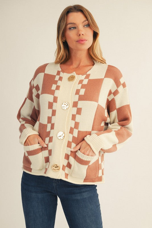Cream Button Down Checkered Sweater