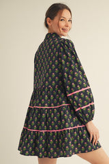 Black Floral Pattern Button Up Poof Sleeve Dress