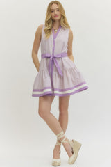 Lavender Ruffle Hem Sleeveless Belted Dress