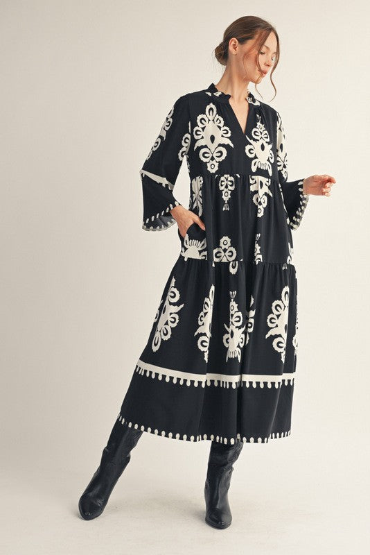 Damask Patterned Midi Dress