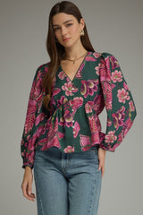 Green Floral V Neck Button front Top