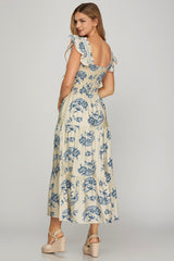 Blue & Cream Ruffled Sleeve Square Neck Dress