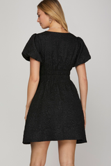 Puff Sleeve V-Neck Jacquard Dress