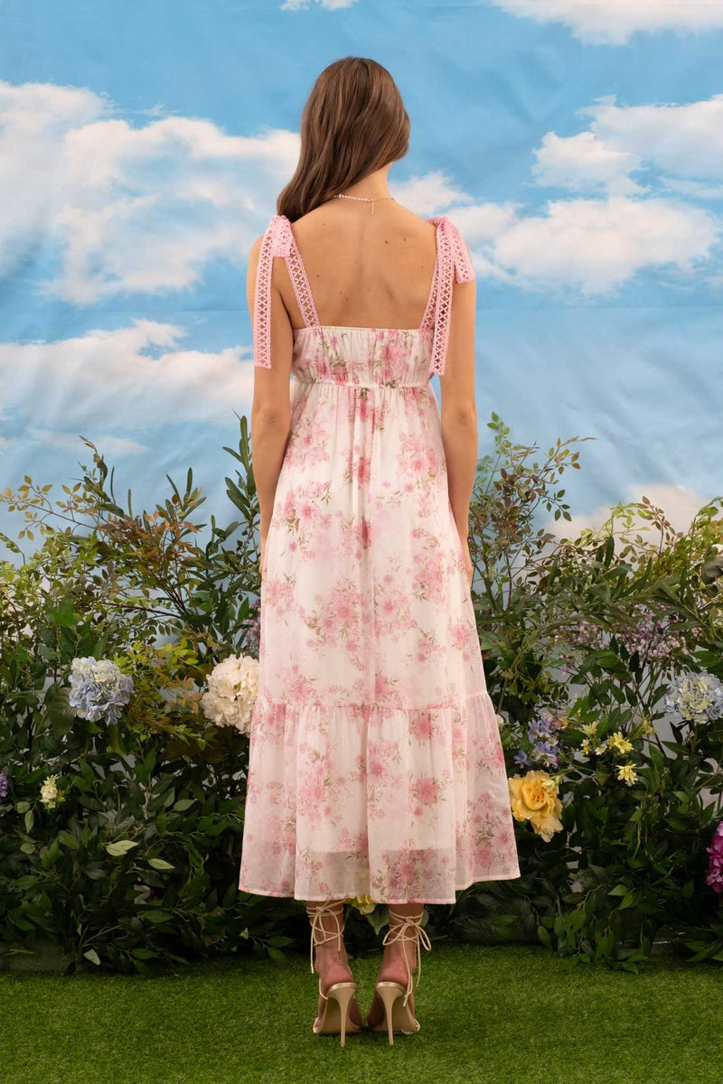 Pink Floral Crochet Strap Maxi Dress