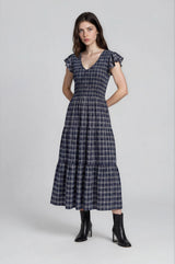 Plaid V Neck Smocked Midi Dress