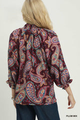 Plum Paisley Print V-neck Top