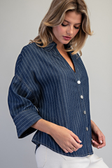 Dark Denim Stripe Button Down 3/4 Sleeve Shirt
