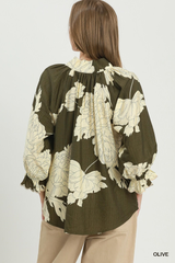 Olive Floral V- Neck Stand Collar Top
